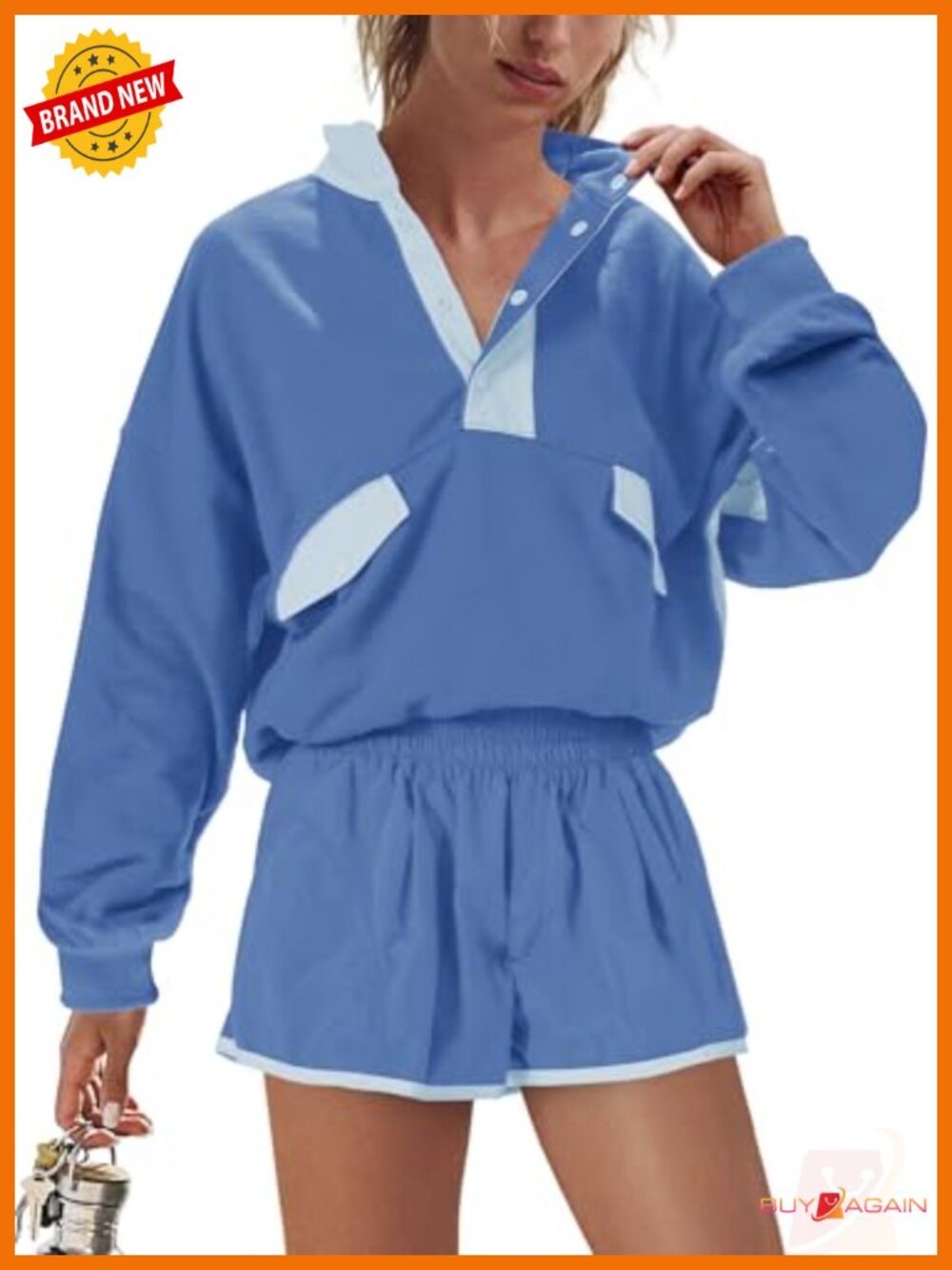 Women's 2 Piece Sweat Set Quarter Button Sweatshirt & Shorts Activewear
